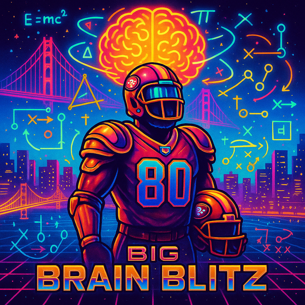 A futuristic 49ers player under a glowing brain with neon play diagrams swirling in the sky.