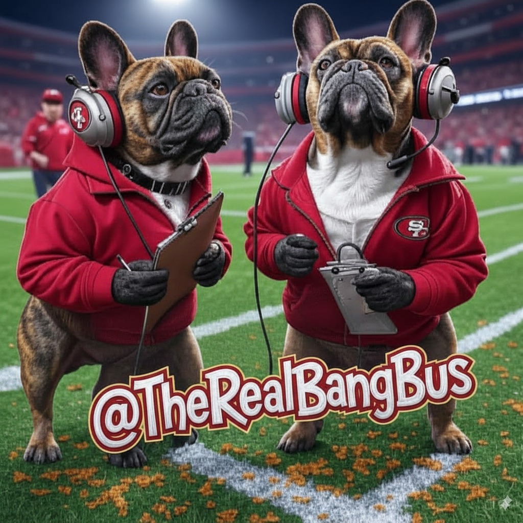 Two brindle French bulldogs dressed as 49ers coaches with headsets and clipboards, standing on the sideline.