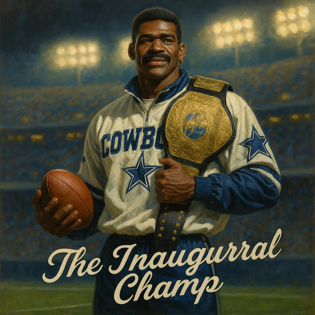 A portrait-style image of Michael Irvin holding a championship belt, dressed in Cowboys gear.