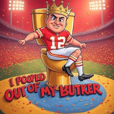 A cartoonish crowned Chiefs player sitting proudly on a golden toilet.