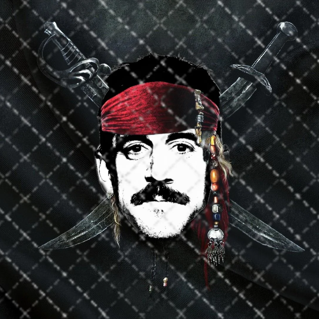 A pirate-inspired skull-and-crossed-swords design with a mustachioed face replacing the skull.