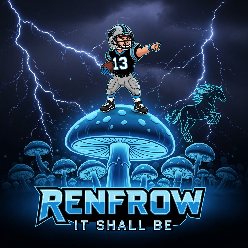 A Panthers player stands atop a glowing mushroom under stormy skies, lightning crackling all around.