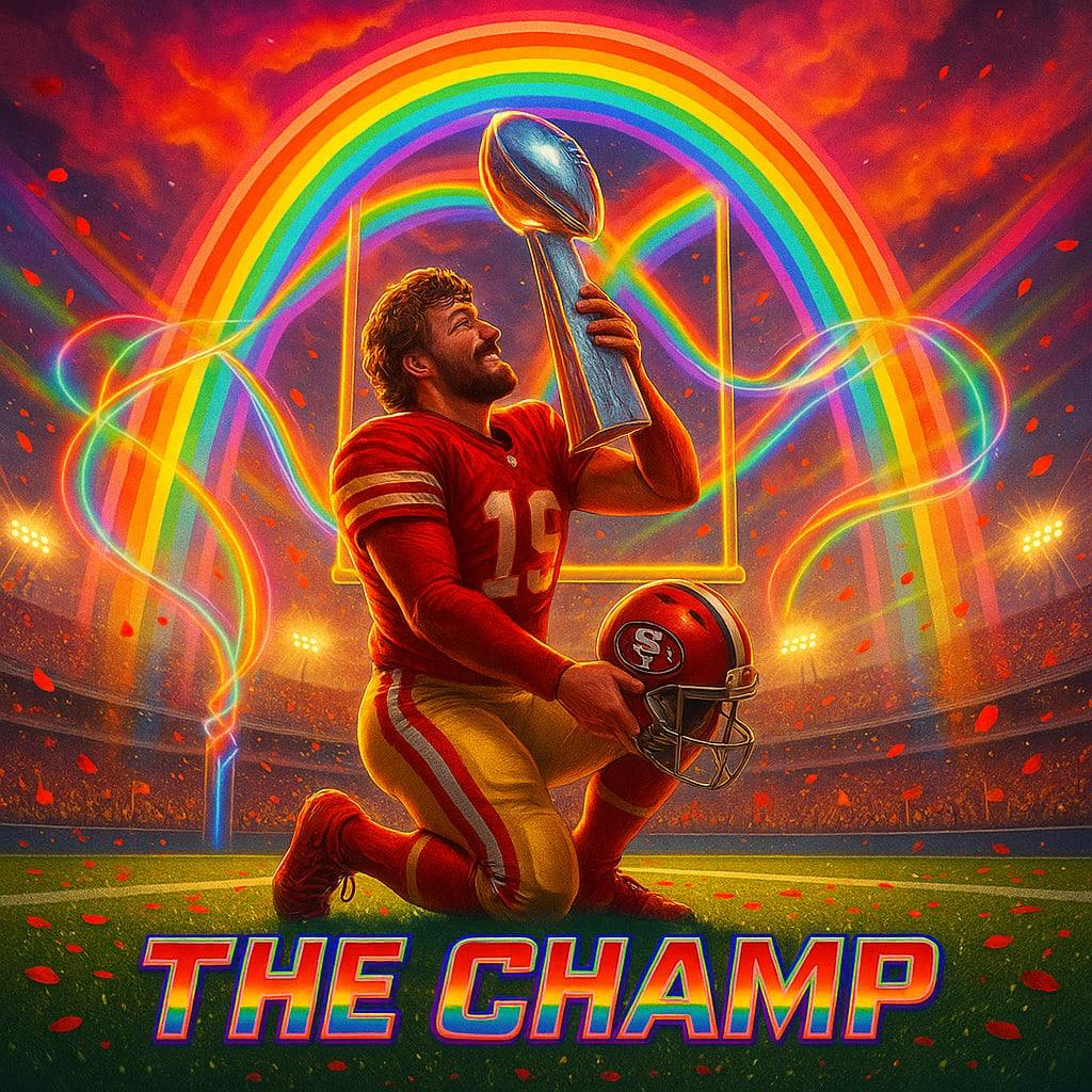 A triumphant 49ers player kneels on the field, raising a Lombardi trophy under a radiant rainbow arch.