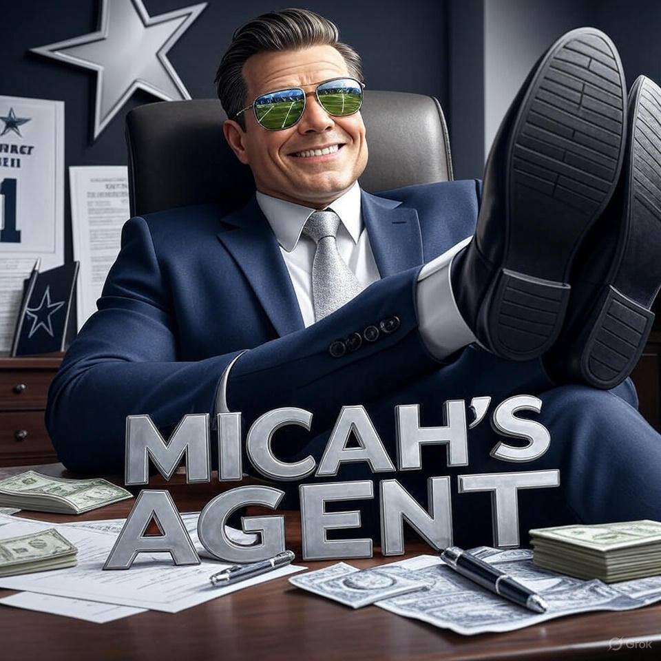 A smiling agent in a sharp suit leans back at his desk, stacks of money surrounding him, with Cowboys memorabilia in the background.