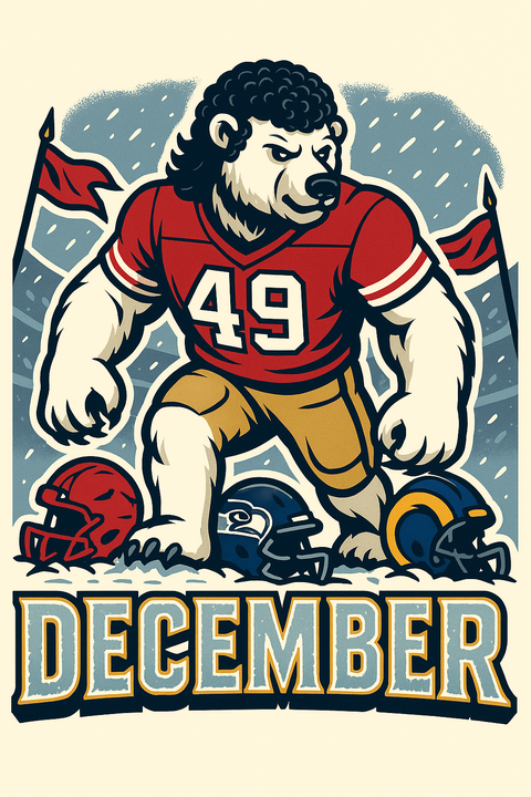 A fierce polar bear in 49ers gear, with a jerry curl mane, stands over the helmets of defeated opponents.