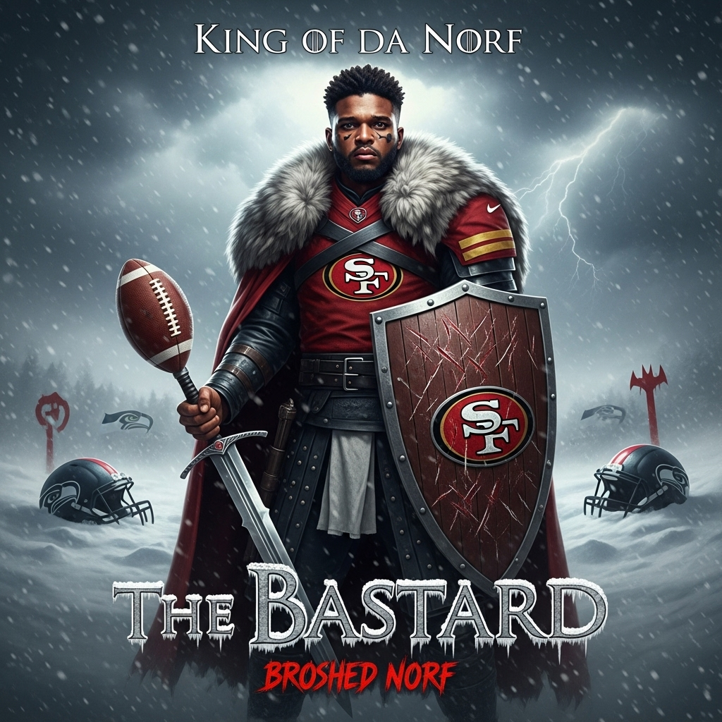 A 49ers warrior in furs and armor stands in the snow, football and shield in hand, with the text 'King of da Norf.'