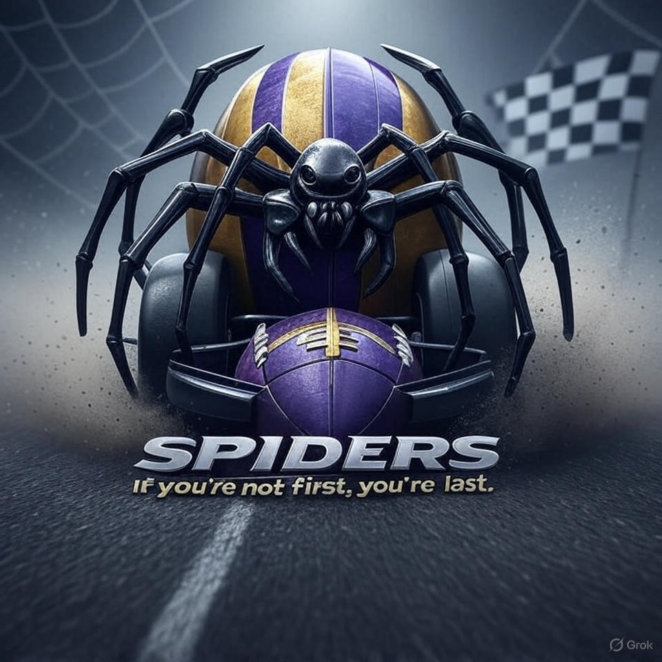 A mechanical spider with a Ravens-themed body, built from a football, races down a road toward the end zone.